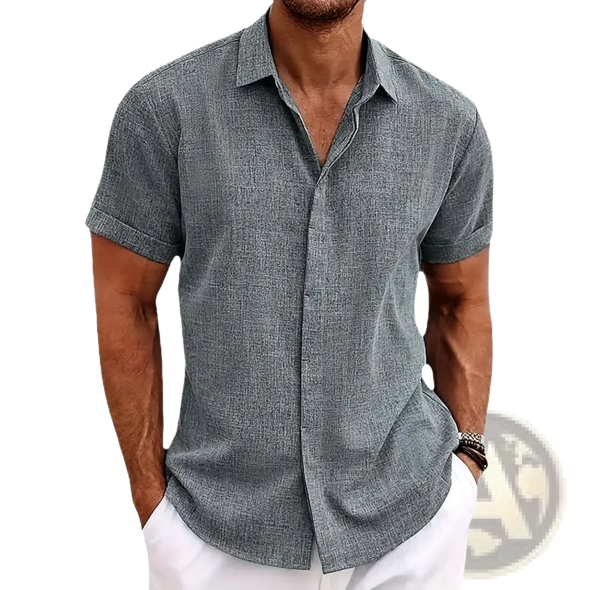 Mens linen short sleeve button down casual shirt in gray with a subtle woven textured pattern and button-up front