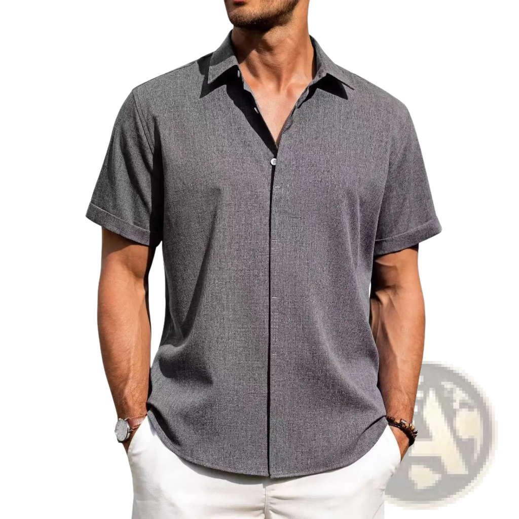 Mens linen short sleeve button down casual shirt in gray textured fabric with contrasting black collar and placket