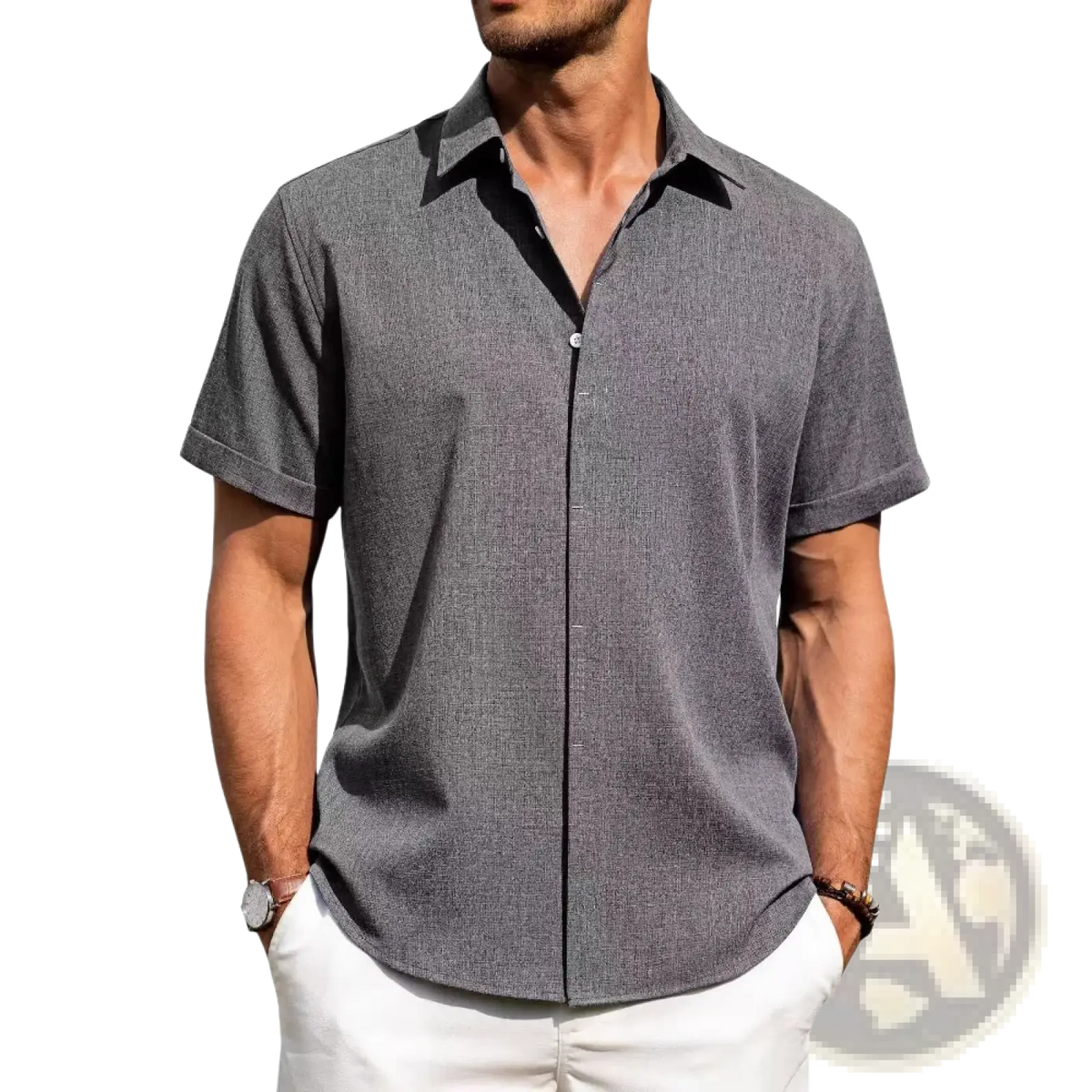 Mens linen short sleeve button down casual shirt in gray textured fabric with contrasting black collar and placket