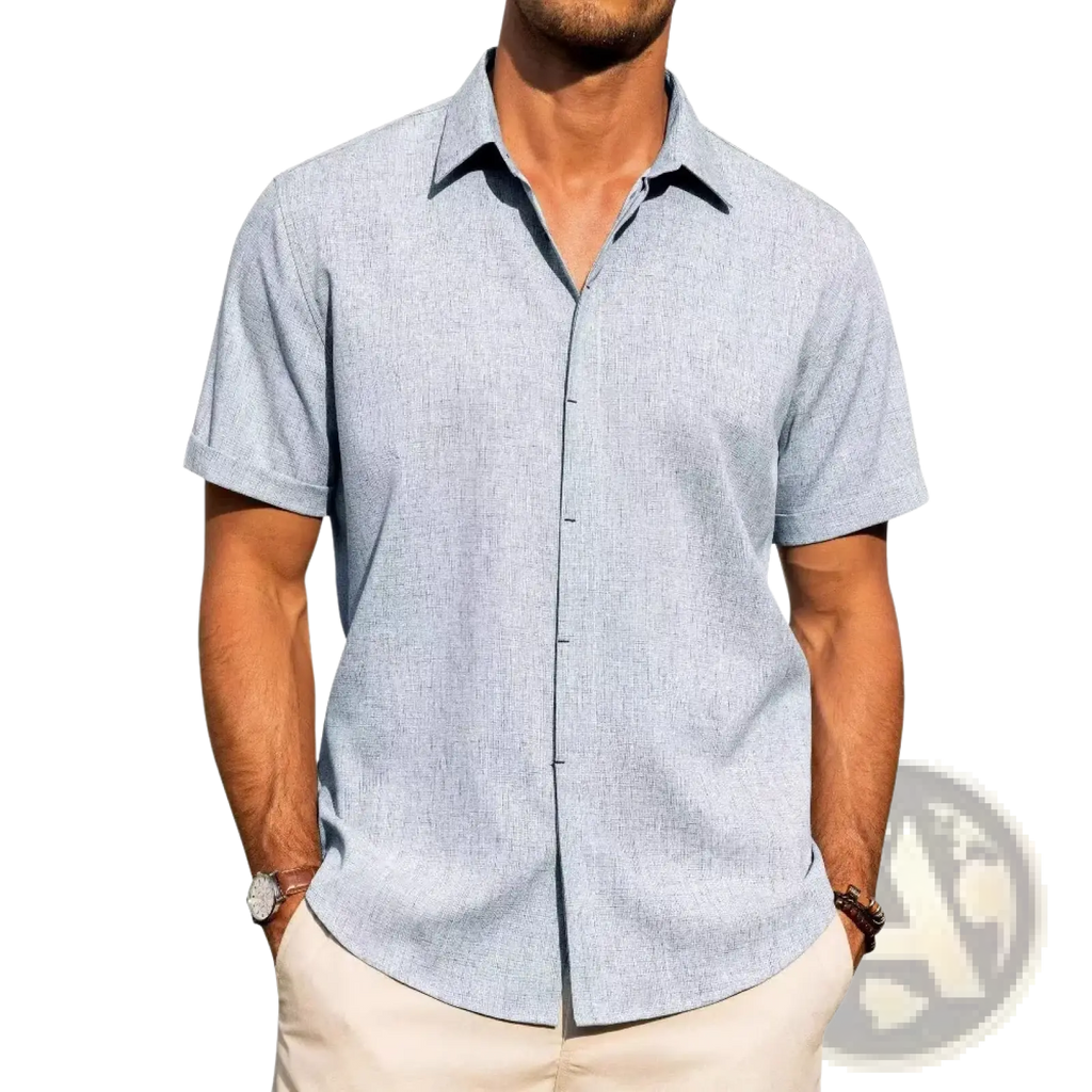 Light blue mens linen short sleeve button down casual shirt with textured weave and contrasting dark collar