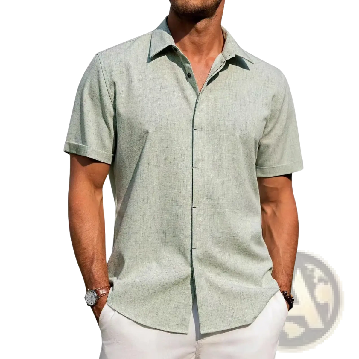 Mens light green linen short sleeve button down casual shirt with a subtle textured weave fabric