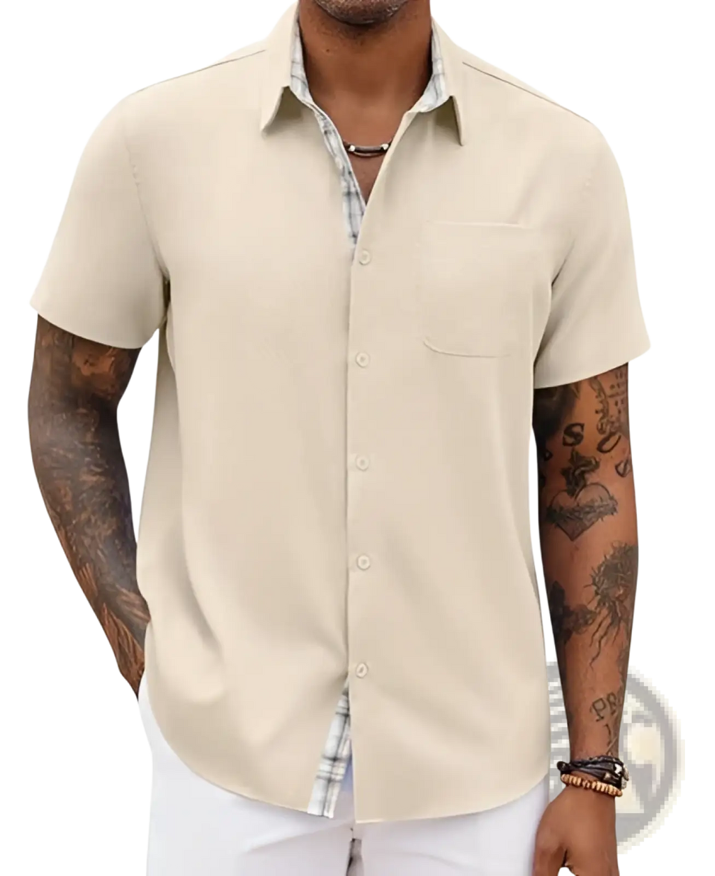 Men’s beige linen short sleeve casual button up shirt with plaid inner collar and chest pocket
