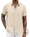 Men’s beige linen short sleeve casual button up shirt with plaid inner collar and chest pocket