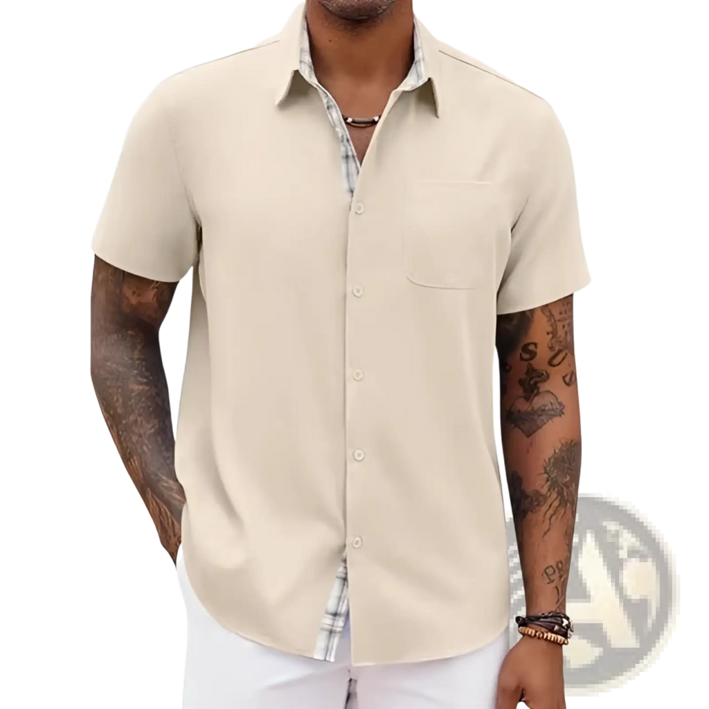 Men’s beige linen short sleeve casual button up shirt with subtle plaid inner collar and chest pocket