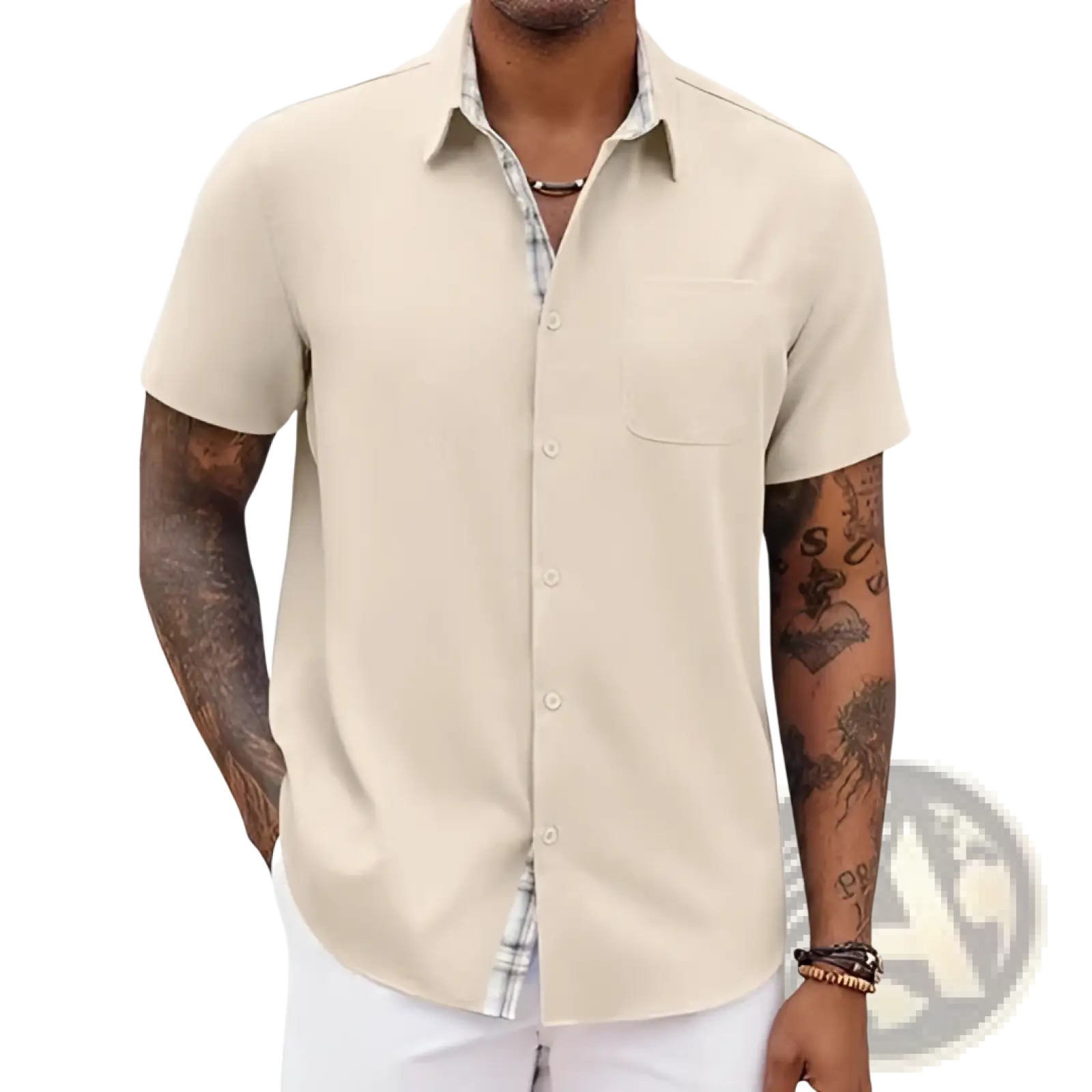 Men’s beige linen short sleeve casual button up shirt with subtle plaid inner collar and chest pocket
