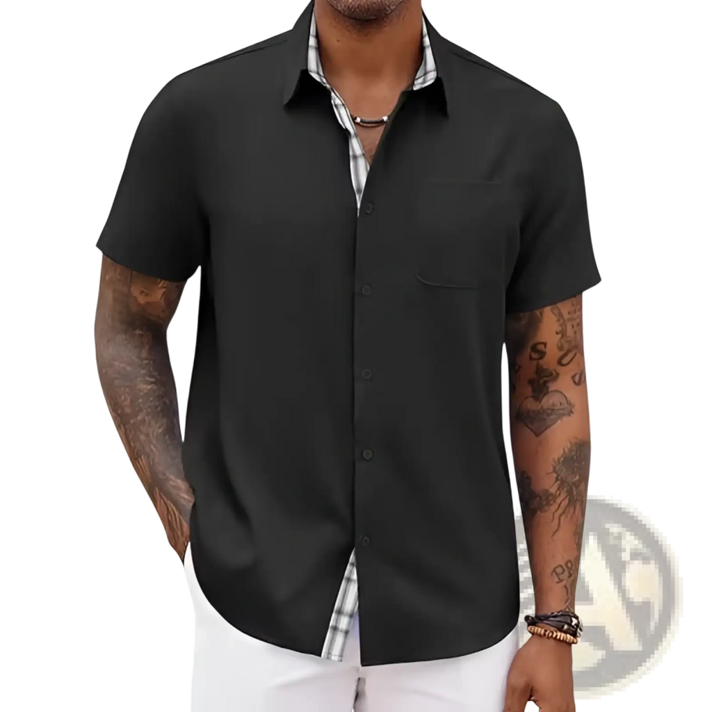 Men’s black linen short sleeve casual button up shirt with plaid inner collar and pocket detail