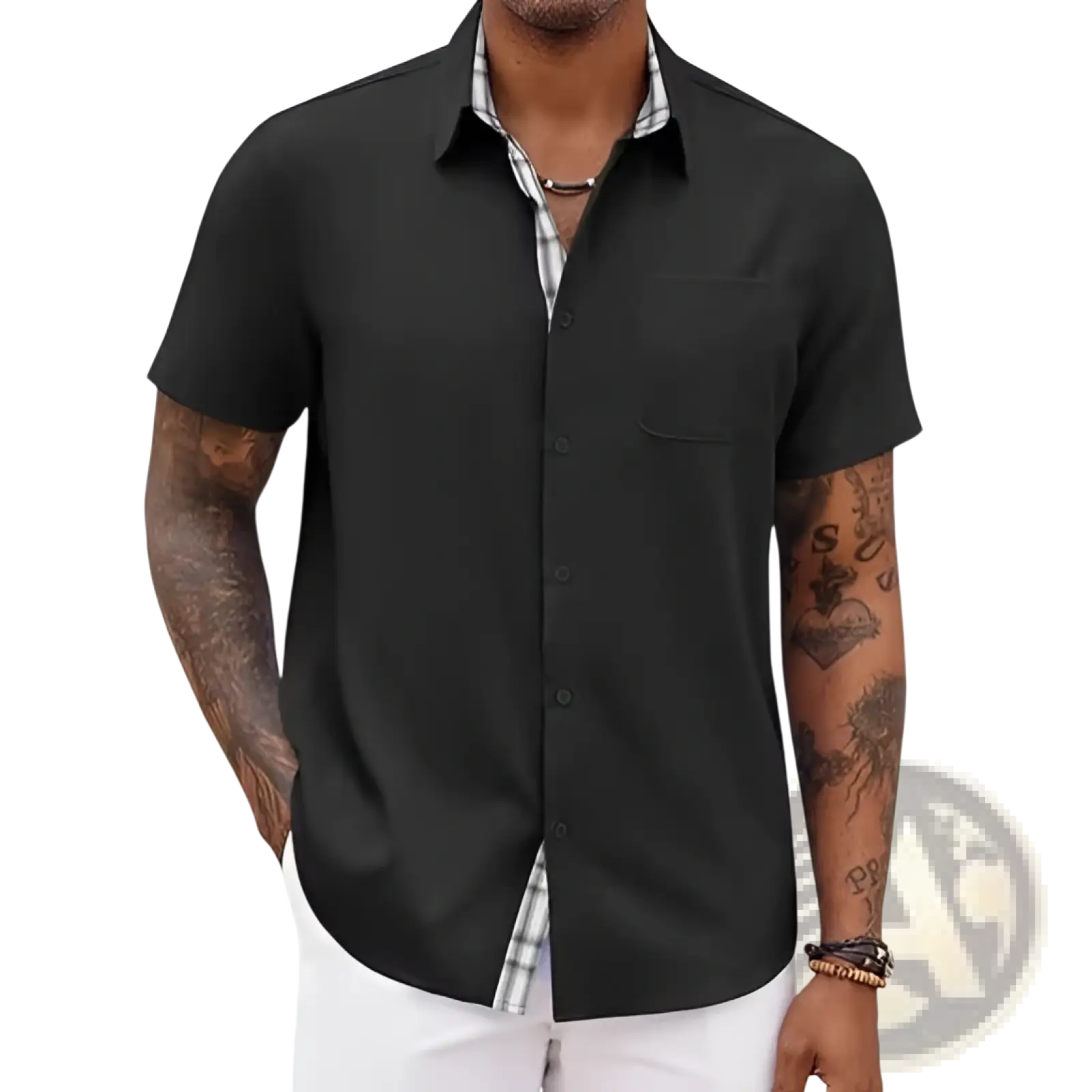 Men’s black linen short sleeve casual button up shirt with plaid inner collar and pocket detail