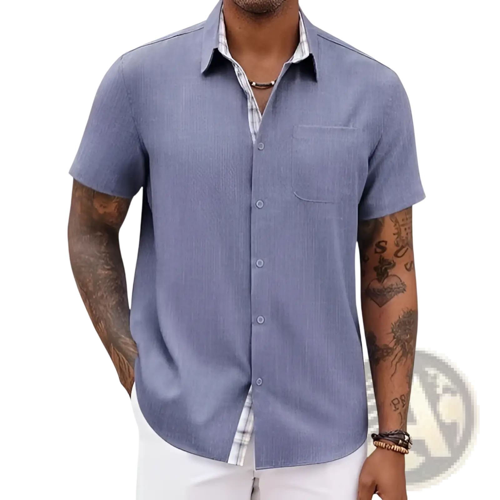Men’s blue linen short sleeve casual button up shirt with subtle textured weave and contrasting plaid inner collar