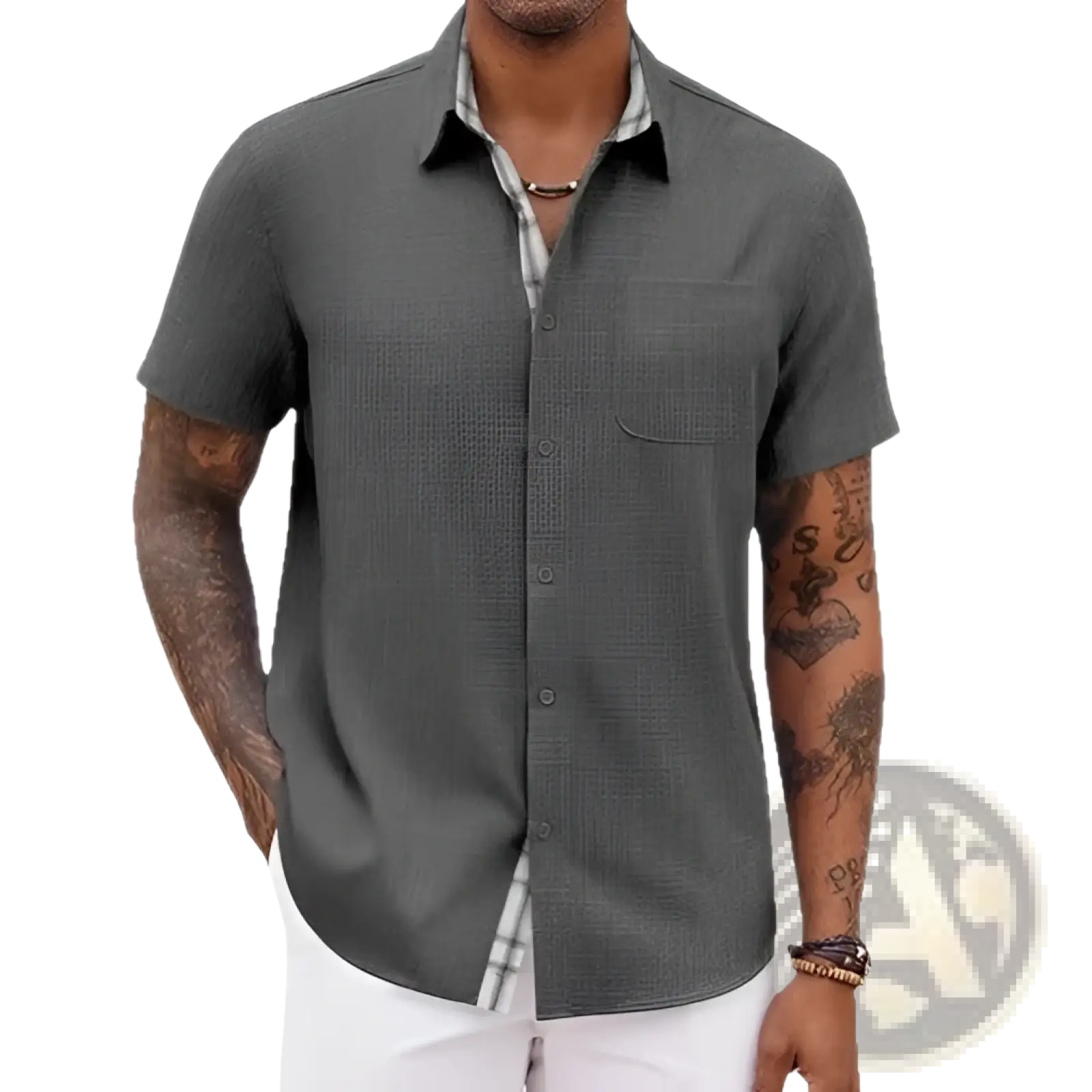 Men’s dark gray linen short sleeve casual button up shirt with subtle textured weave and plaid inner collar detail