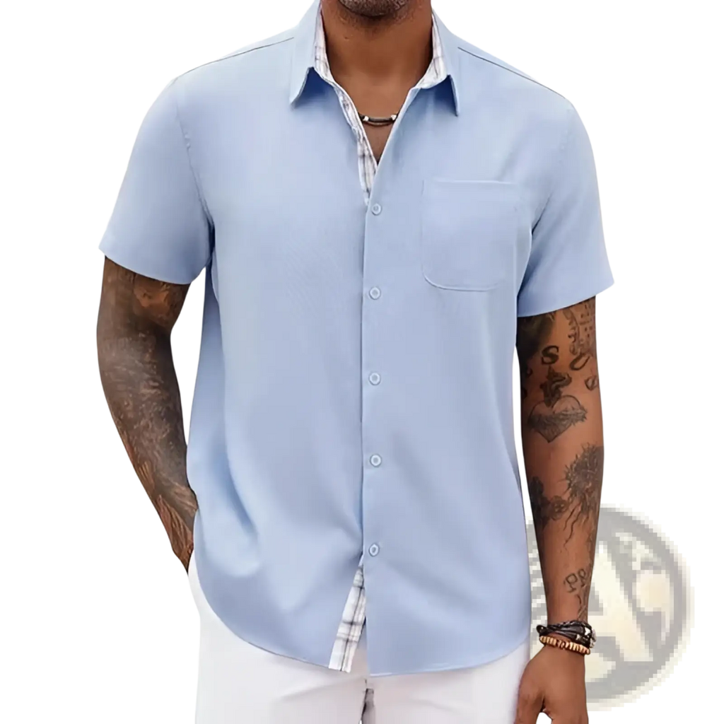 Men’s light blue linen short sleeve casual button-up shirt with plaid inner collar and chest pocket