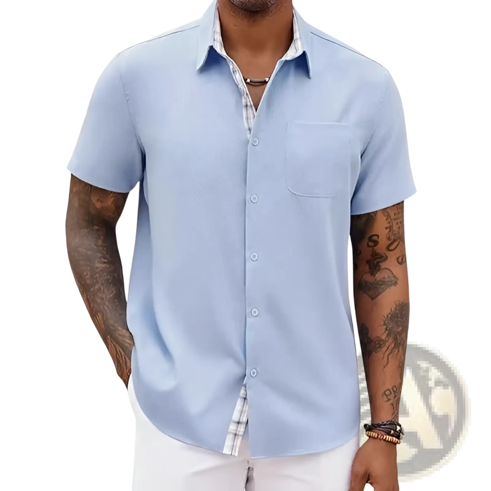Men’s light blue linen short sleeve casual button-up shirt with plaid inner collar and chest pocket