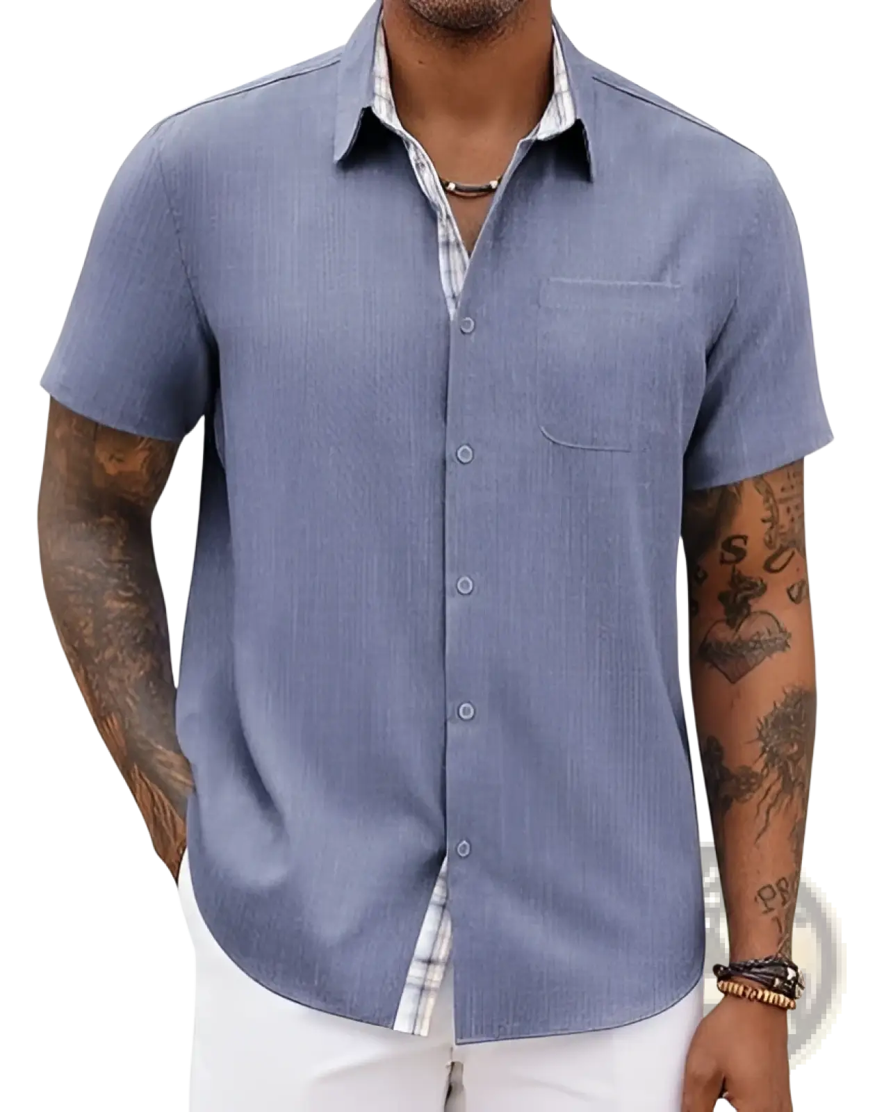 Men’s blue linen short sleeve casual button up shirt with subtle textured weave and contrasting plaid inner collar