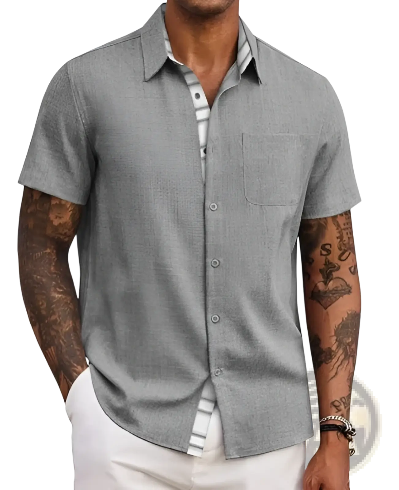 Men’s gray linen short sleeve casual button up shirt with subtle textured weave and chest pocket
