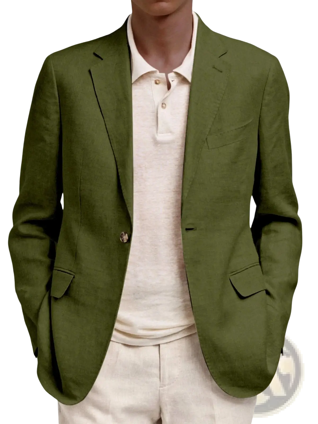 Olive green linen slim fit men’s casual blazer jacket with notched lapels and two front pockets