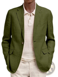 Olive green linen slim fit men’s casual blazer jacket with notched lapels and two front pockets