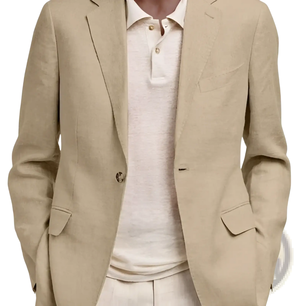 Men’s beige linen slim fit casual blazer jacket featuring a subtle textured weave and classic double-breasted design