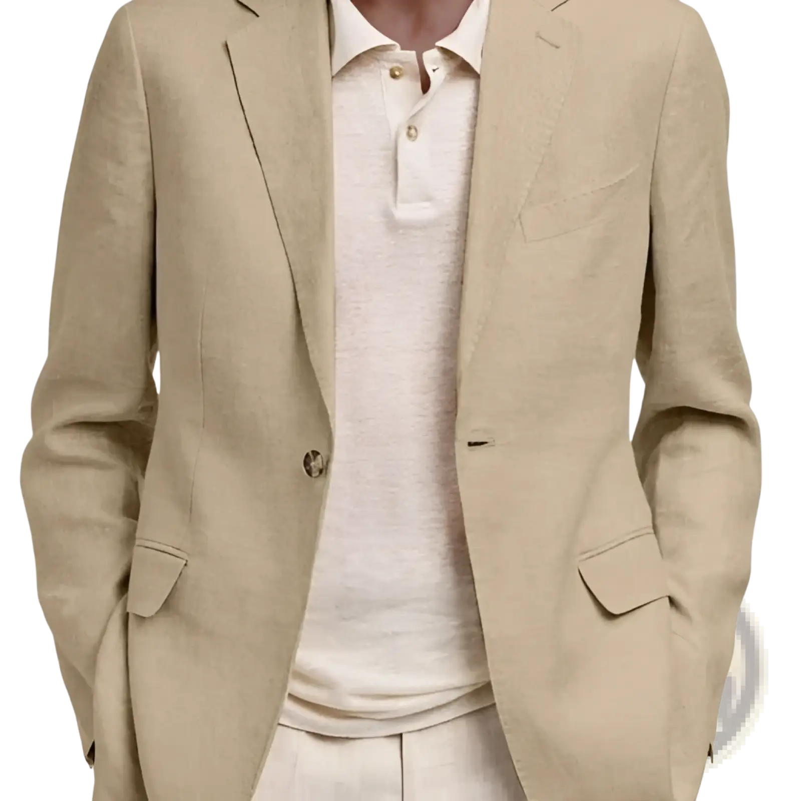 Men’s beige linen slim fit casual blazer jacket featuring a subtle textured weave and classic double-breasted design