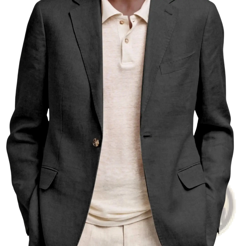 Dark gray linen men’s slim fit casual blazer jacket with gold toned buttons and tailored fit