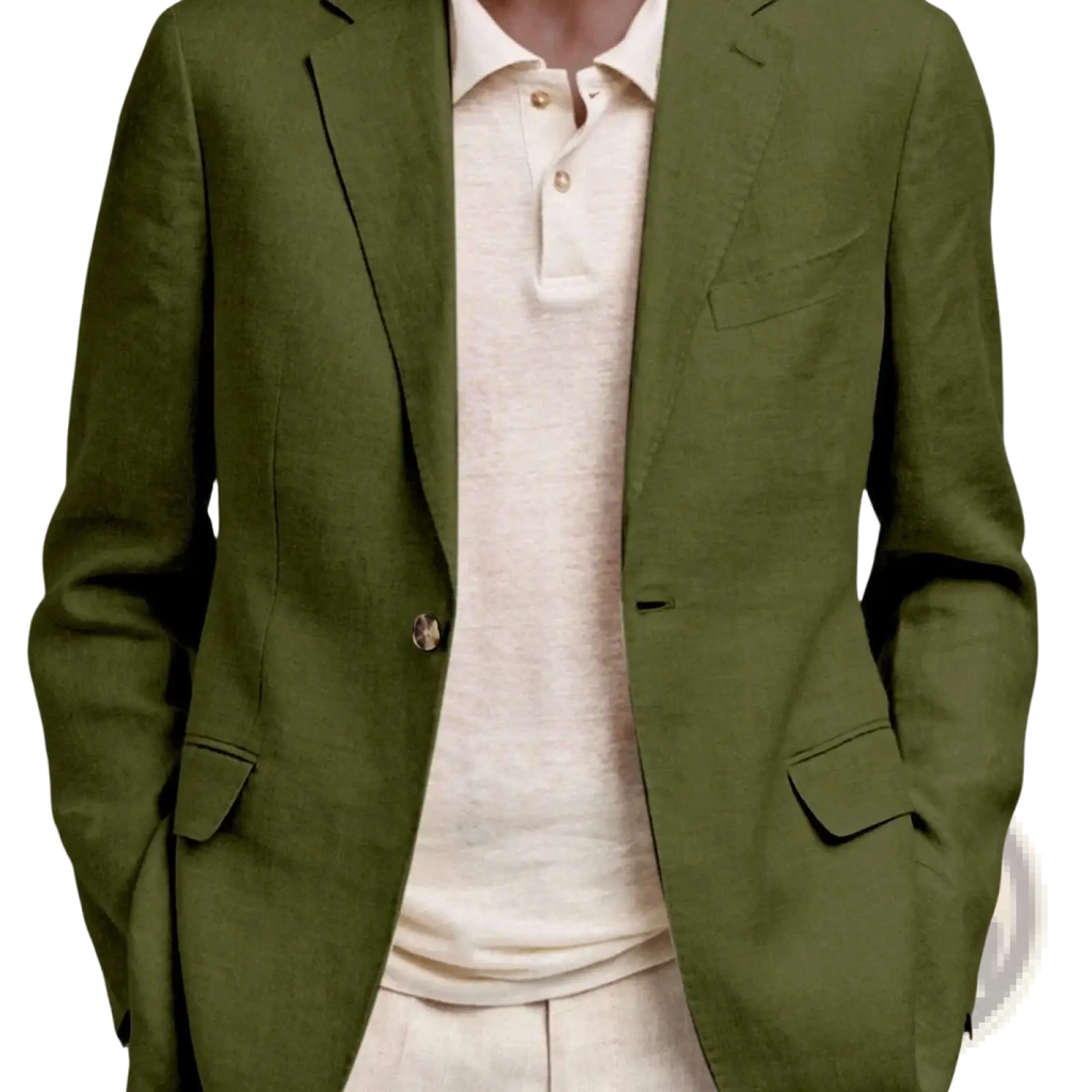 Men’s olive green linen slim fit casual blazer jacket showcasing lightweight breathable fabric and modern style