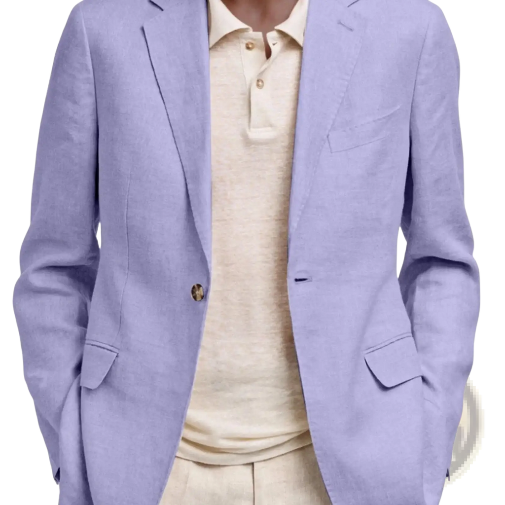 Men’s linen slim fit casual blazer jacket in lavender with gold-toned buttons and subtle textured weave