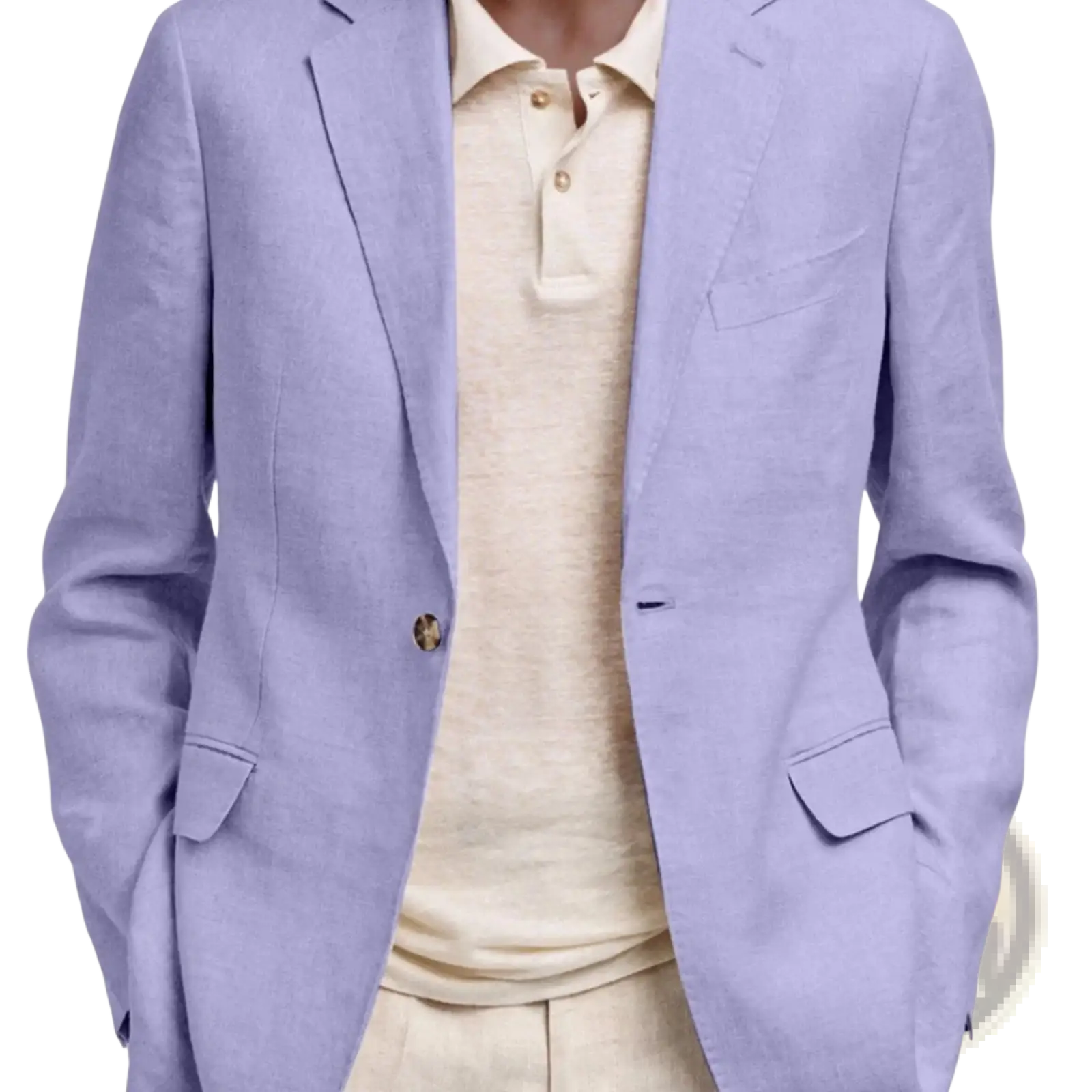 Men’s linen slim fit casual blazer jacket in lavender with gold-toned buttons and subtle textured weave