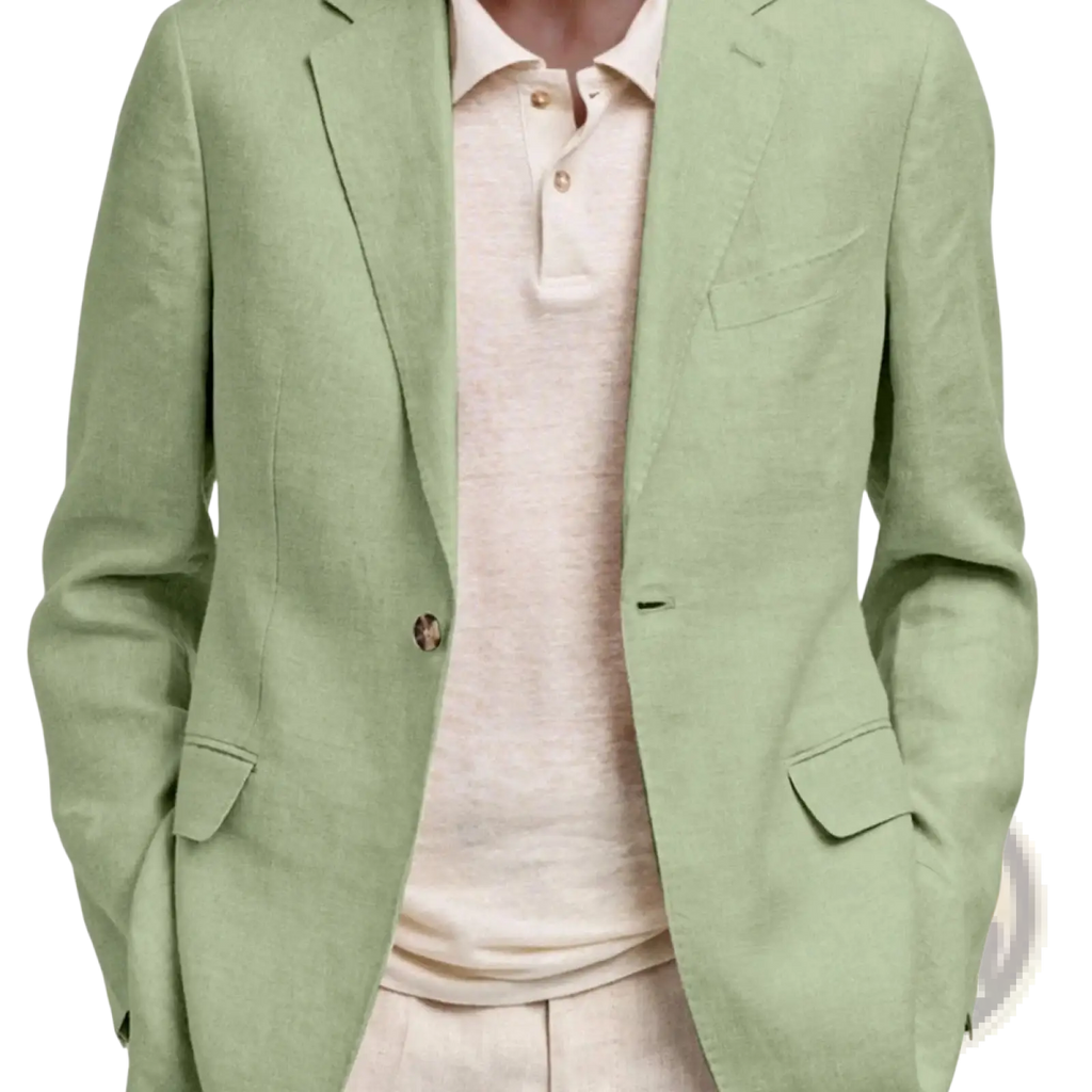 Men’s linen slim fit casual blazer jacket in light green with subtle texture and two front buttons