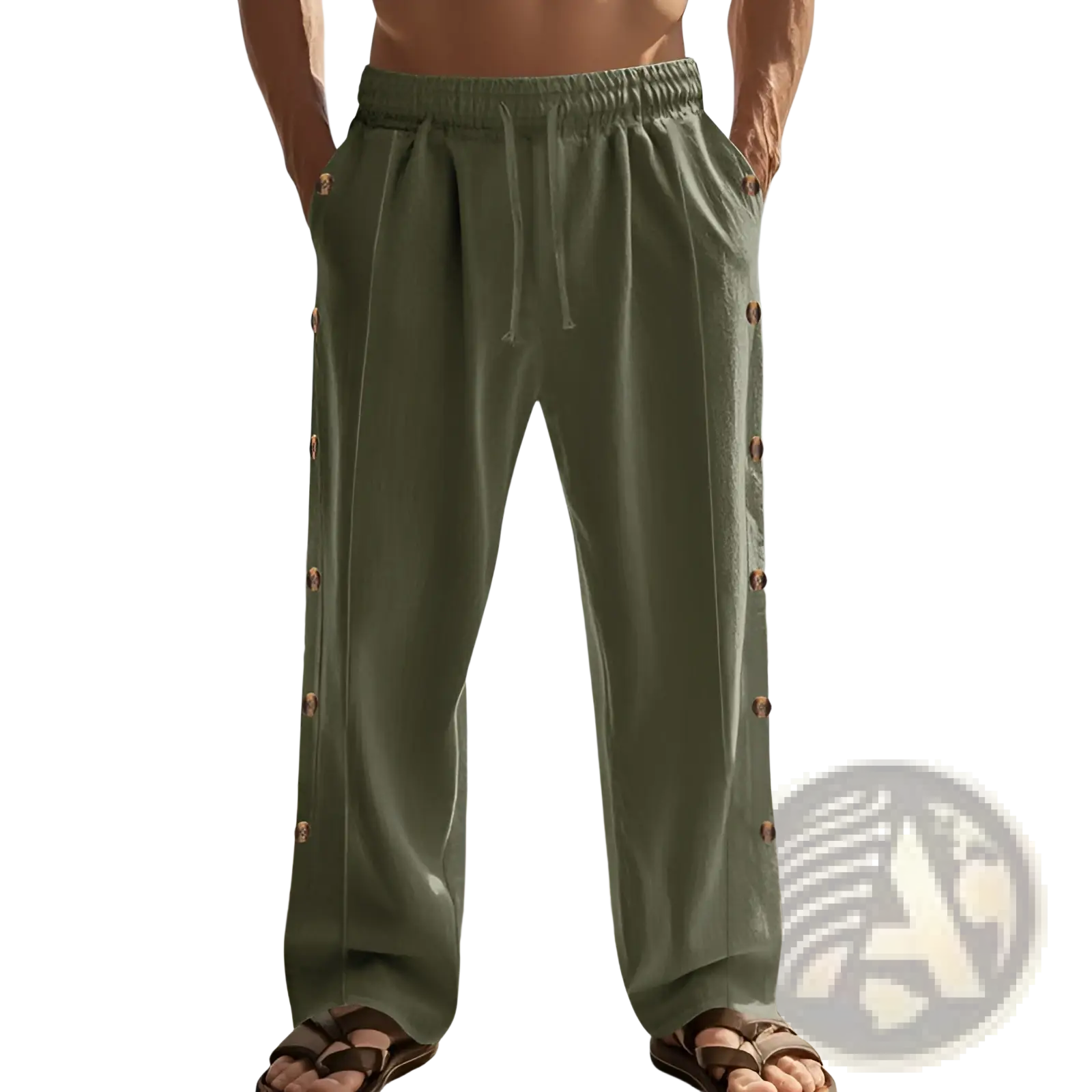 Men’s olive green linen straight leg pants with decorative brown buttons down each leg seam