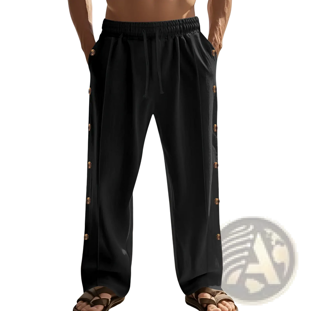 Men’s black linen straight leg pants with gold-toned side button detail and drawstring waist
