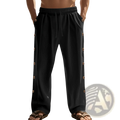 Men’s black linen straight leg pants with gold-toned side button detail and drawstring waist