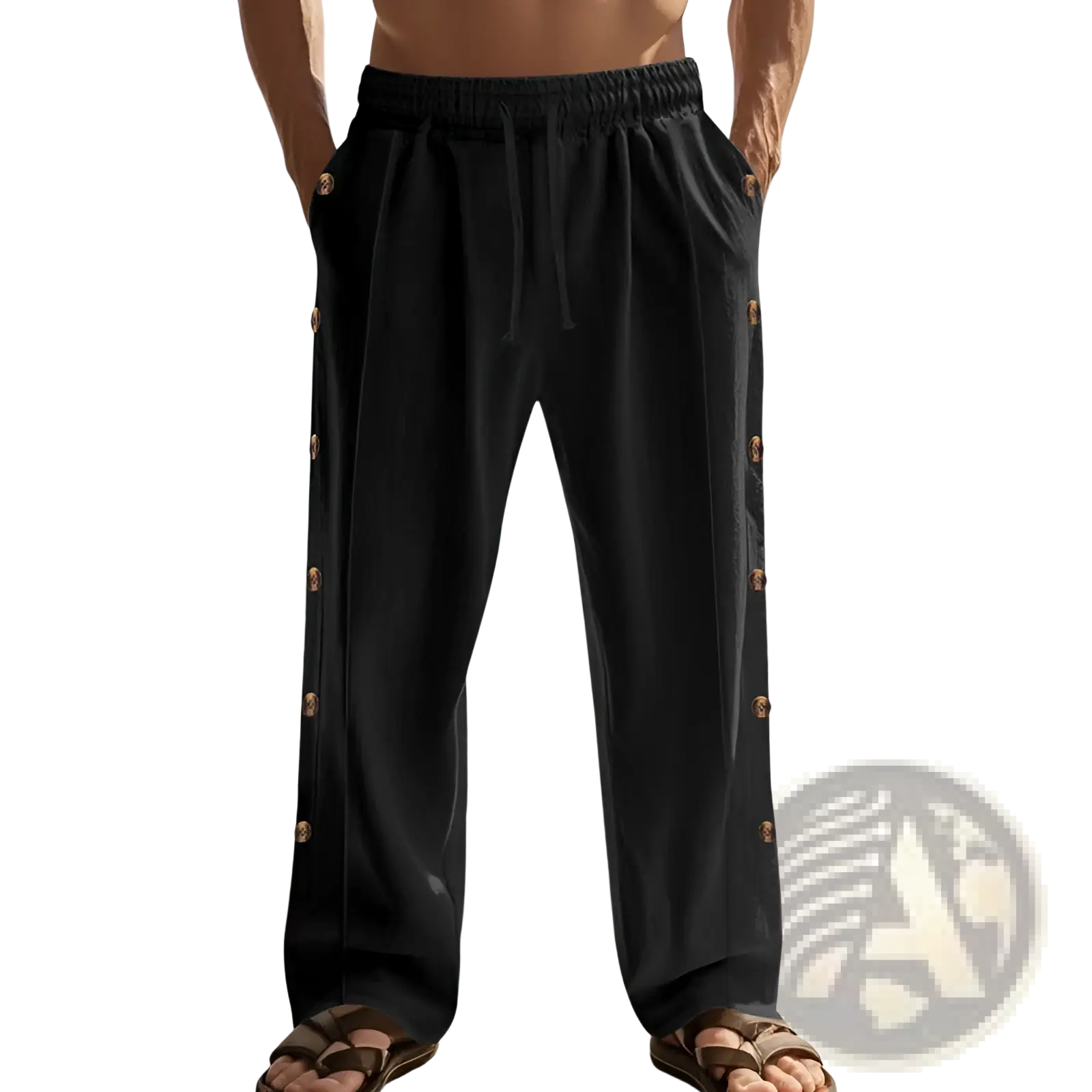 Men’s black linen straight leg pants with gold-toned side button detail and drawstring waist