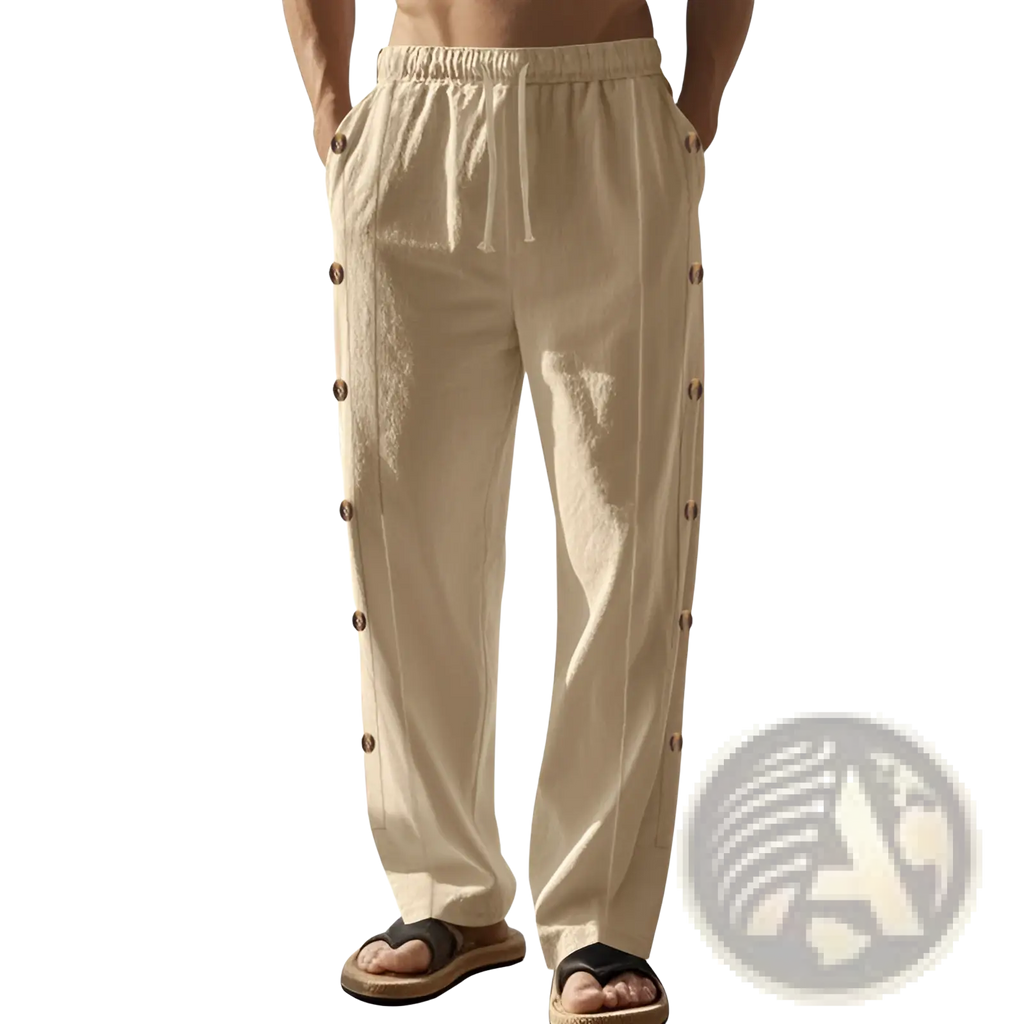 Men’s beige linen straight leg pants with a drawstring waist and vertical dark brown side button detail