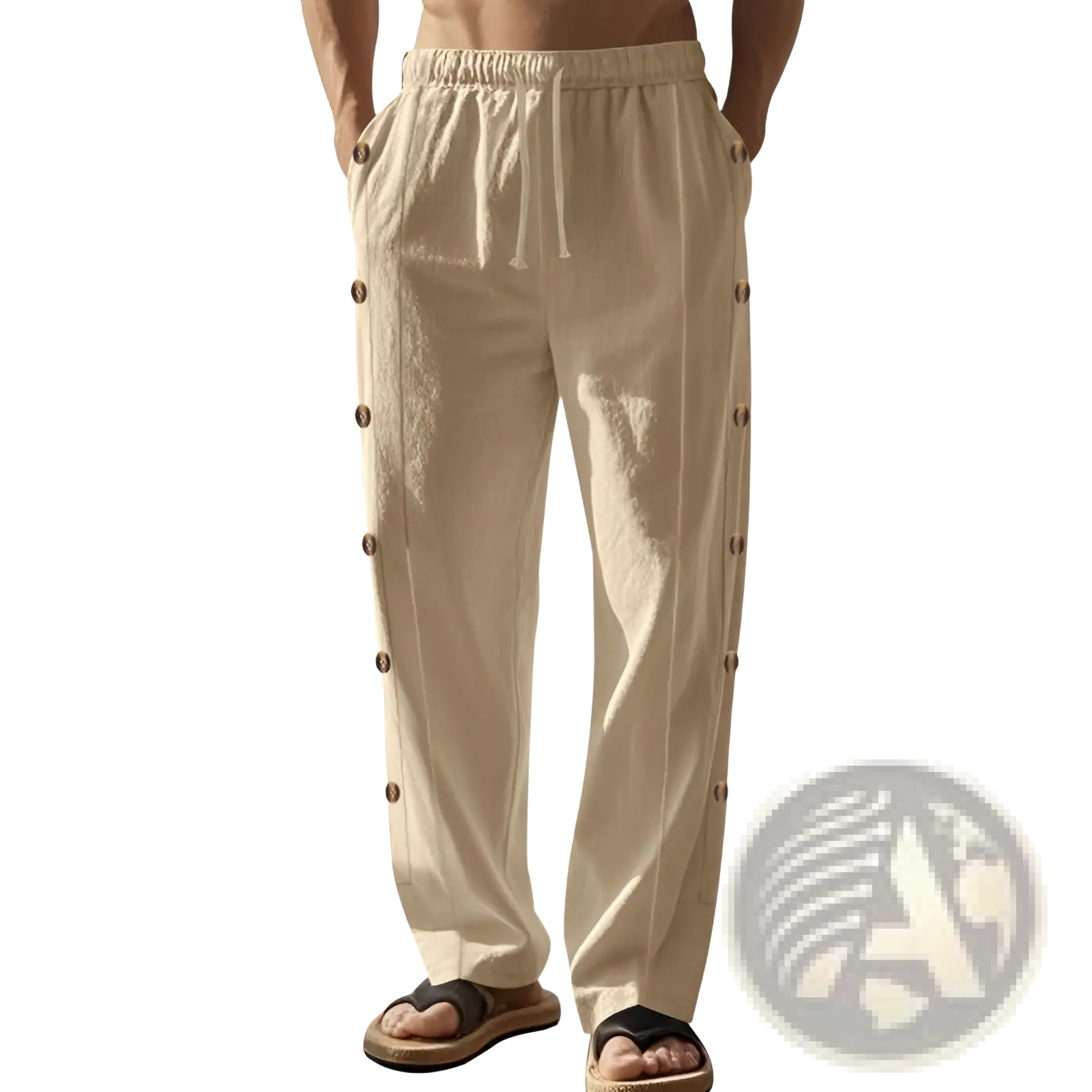 Men’s beige linen straight leg pants with a drawstring waist and vertical dark brown side button detail