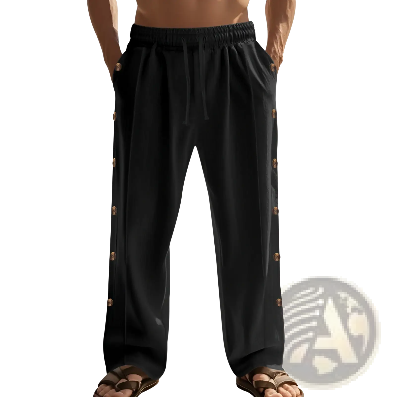 Men’s black linen straight leg pants with drawstring waist and gold-toned side button detail