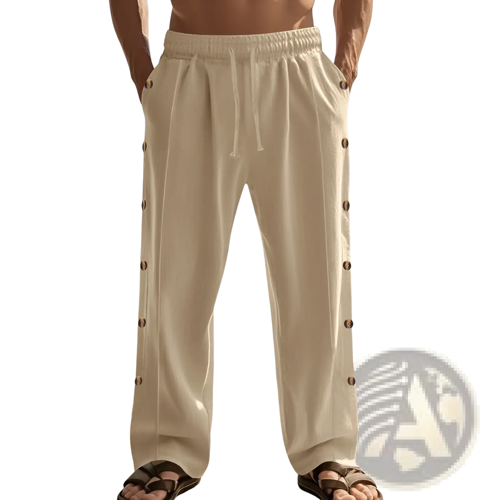 Men’s cream-colored linen straight leg pants with a drawstring waist and brown side button detail