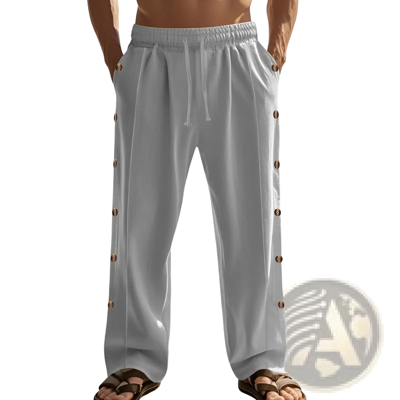 Men’s light gray linen straight leg pants with drawstring waist and decorative brown buttons on side seams