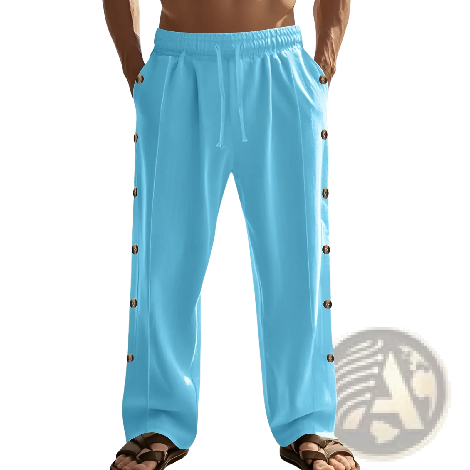 Men’s light blue linen straight leg pants with a drawstring waist and decorative side button detail