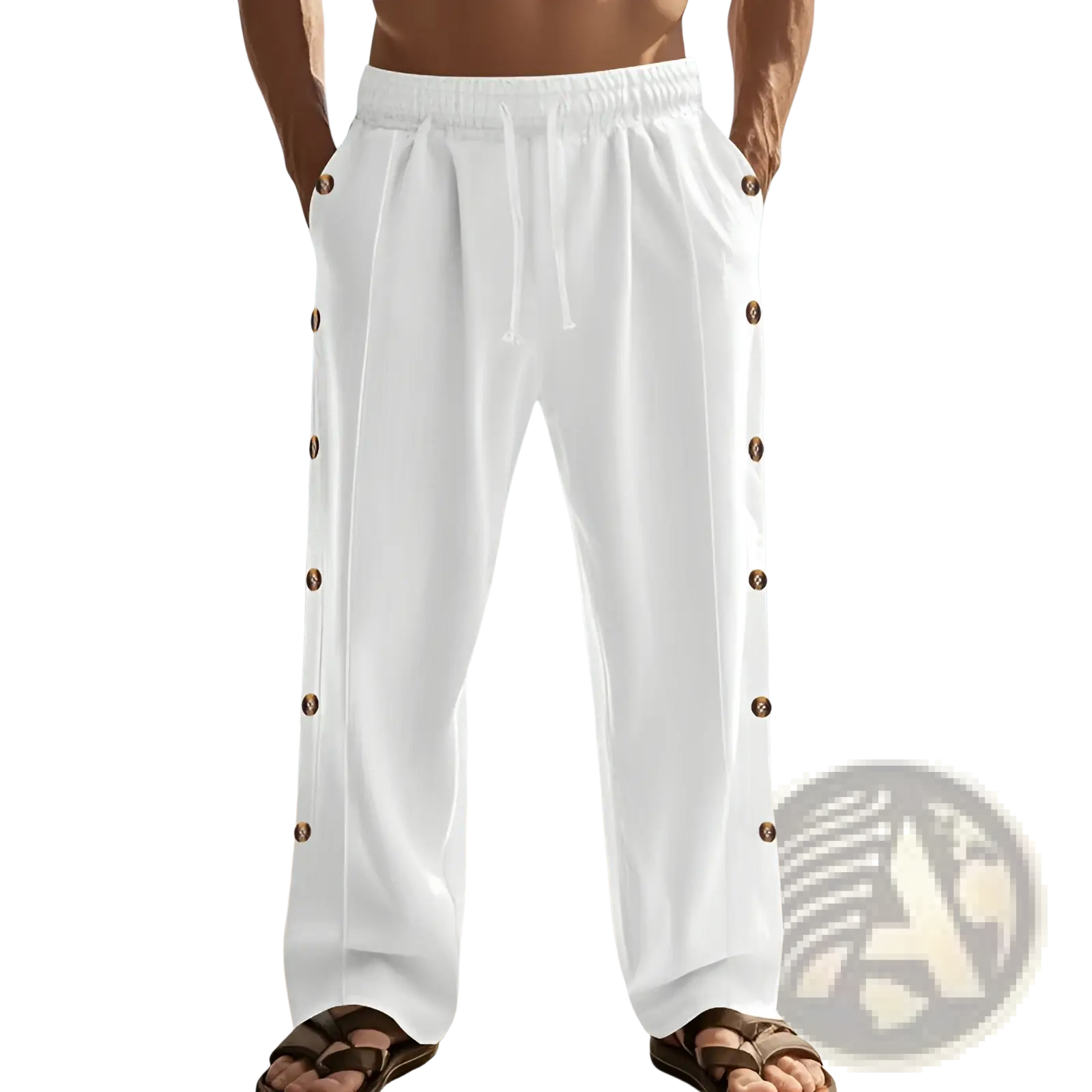 Men’s white linen straight leg pants with brown button detailing down the outer legs for a stylish look
