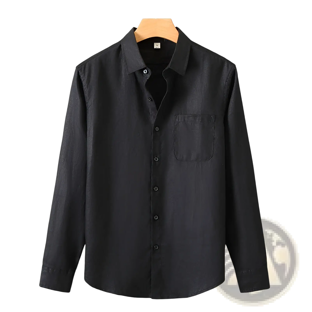 Black men’s linen long-sleeved sun protection shirt with chest pocket hanging on wooden hanger