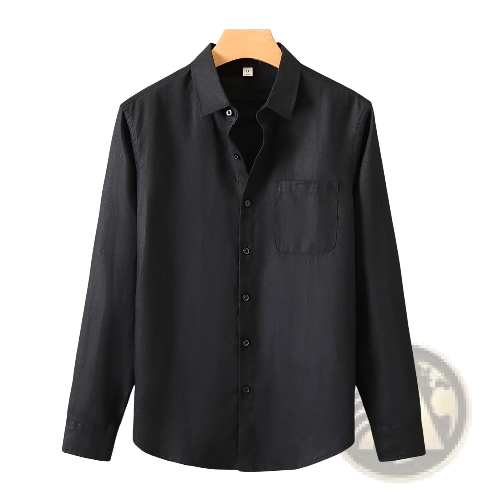 Black men’s linen long-sleeved sun protection shirt with chest pocket hanging on wooden hanger