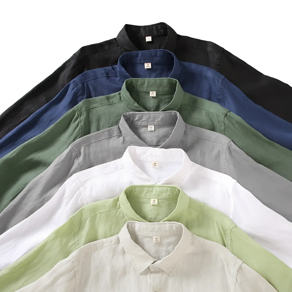 A collection of men’s linen sun protection shirts in black navy blue olive green gray white and light beige tones