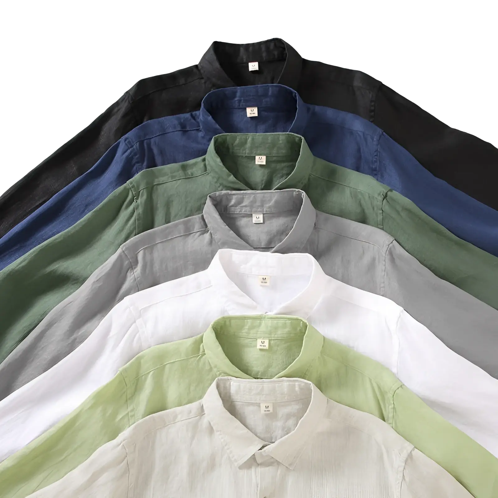 A collection of men’s linen sun protection shirts in black navy blue olive green gray white and light beige tones
