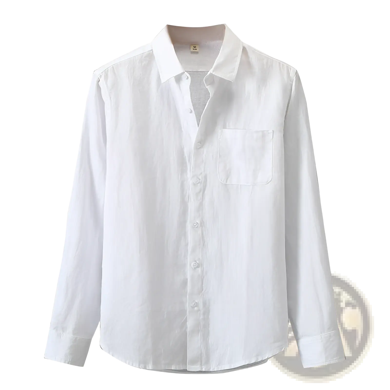 Men’s white linen long-sleeved sun protection shirt with subtle textured weave and single chest pocket