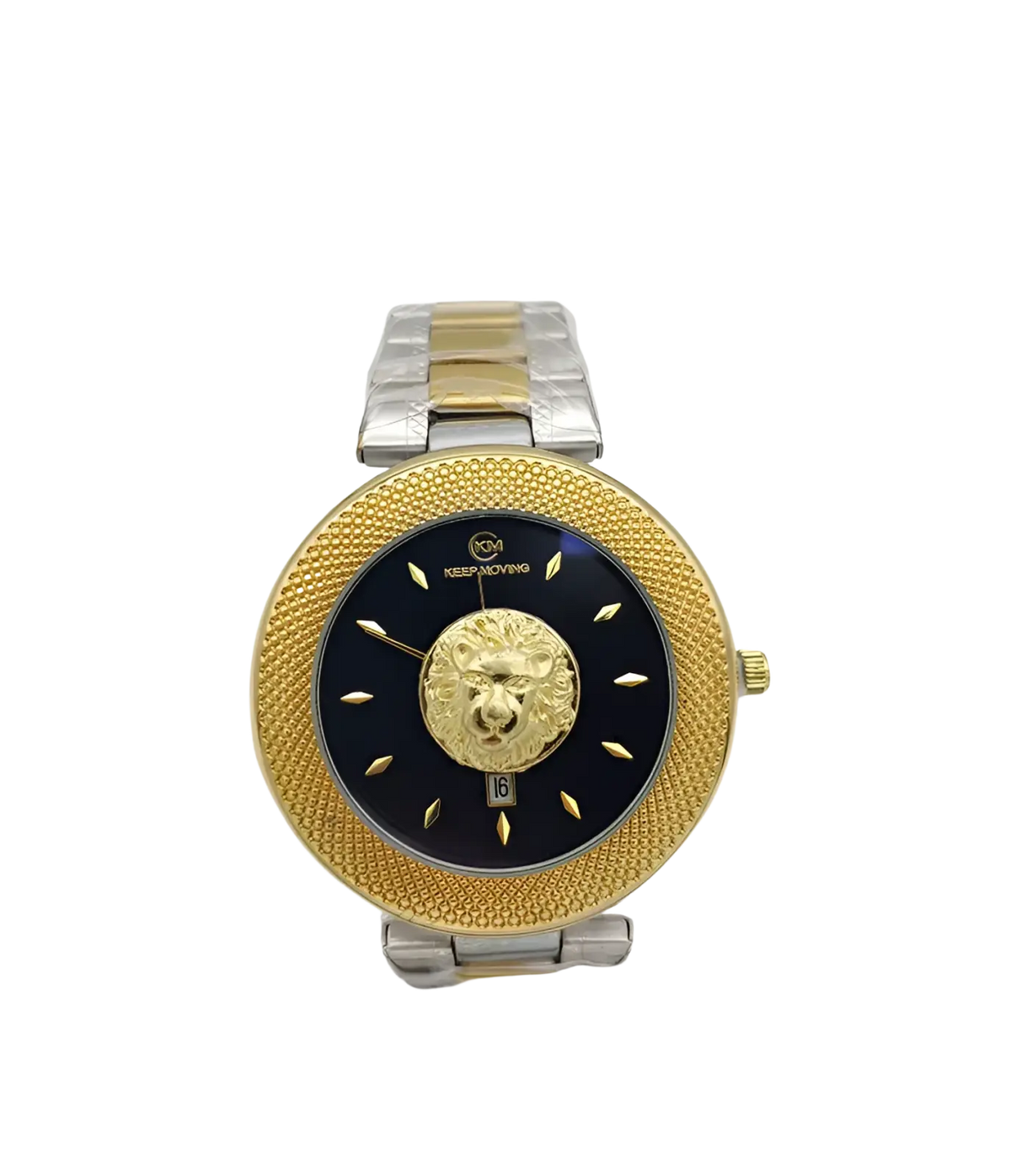Men’s lion dial quartz stainless steel watch featuring a gold and silver two-tone design with black dial and lion head centerpiece