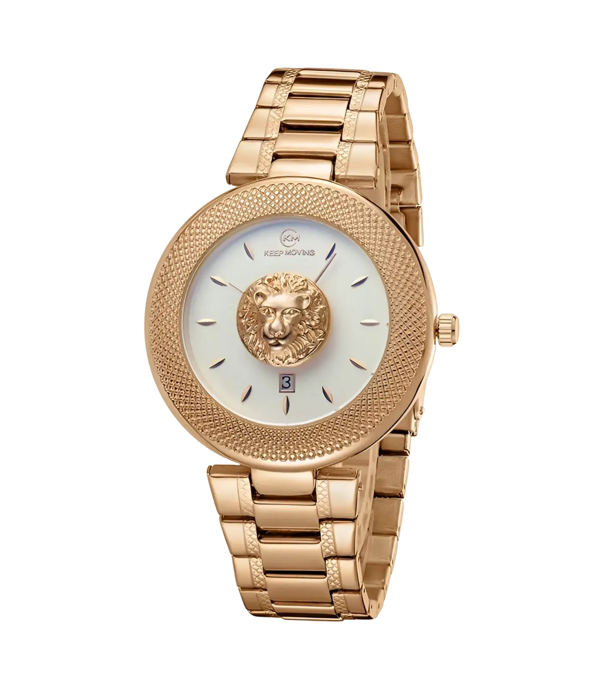Men’s gold-tone stainless steel quartz watch with white dial featuring ornate lion head and keep moving branding