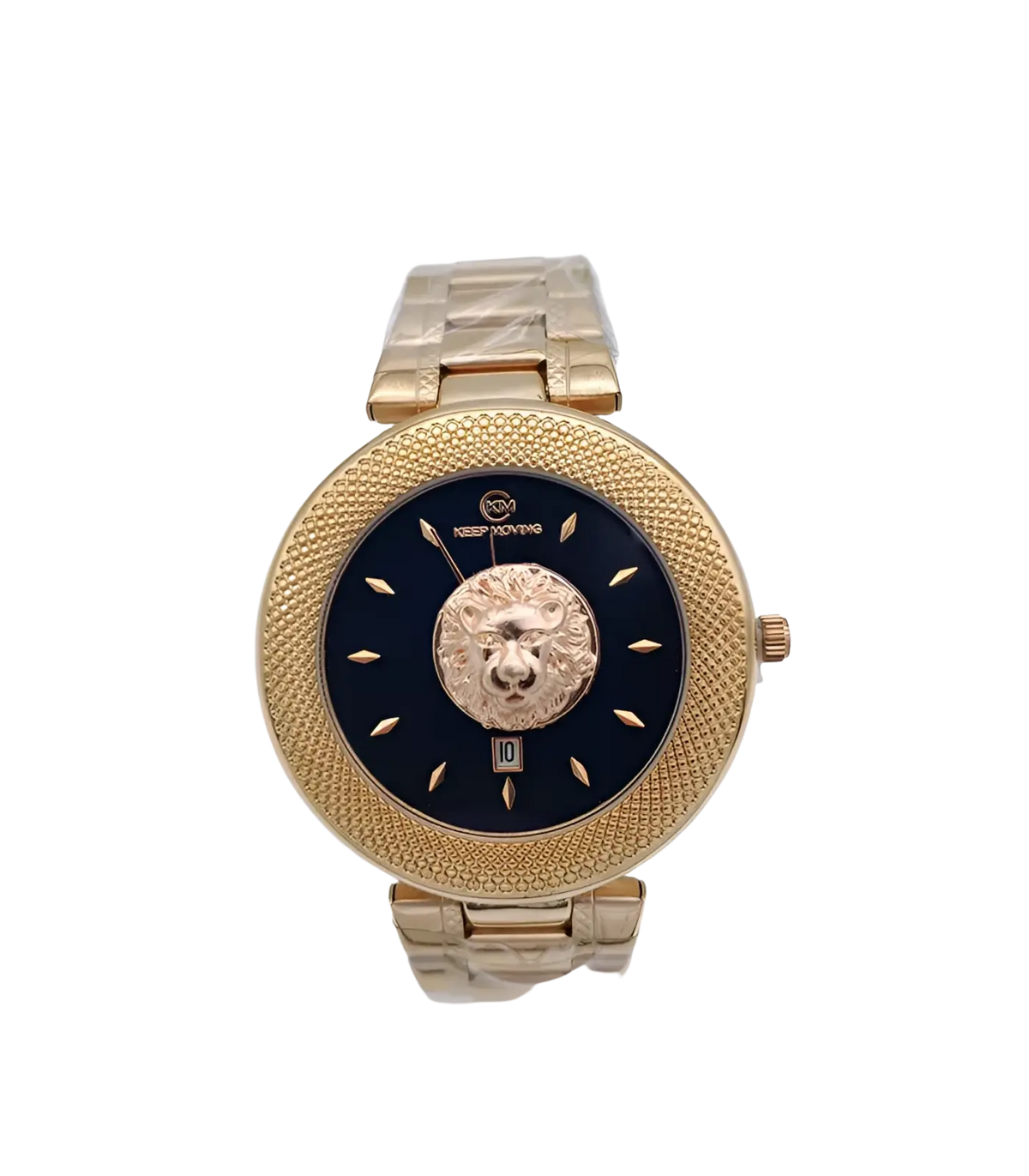Men’s lion dial quartz stainless steel watch with gold-tone case, black dial featuring ornate lion head, and gold link bracelet
