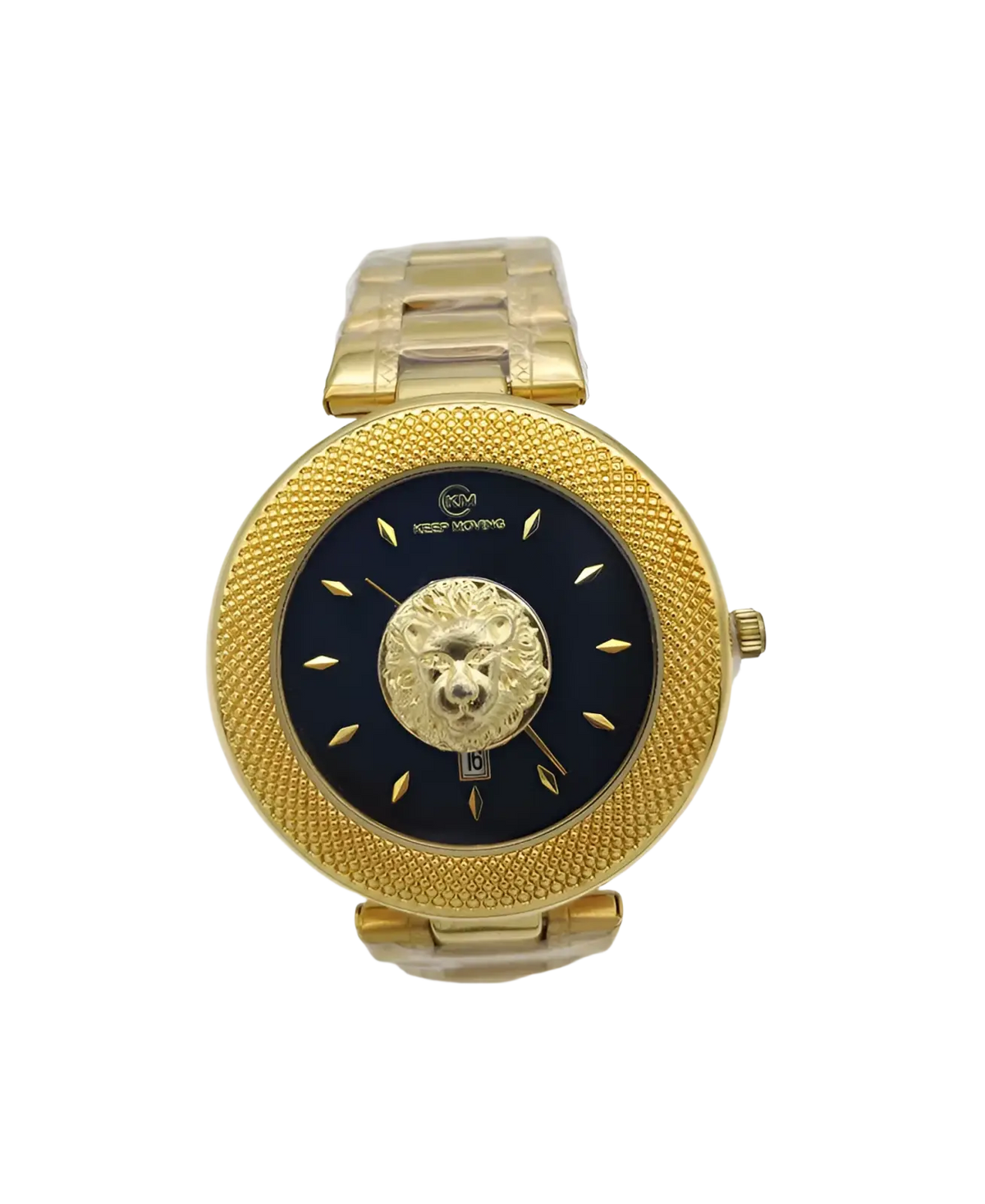 Men’s lion dial quartz stainless steel watch with gold-tone case black dial and ornate lion head centerpiece