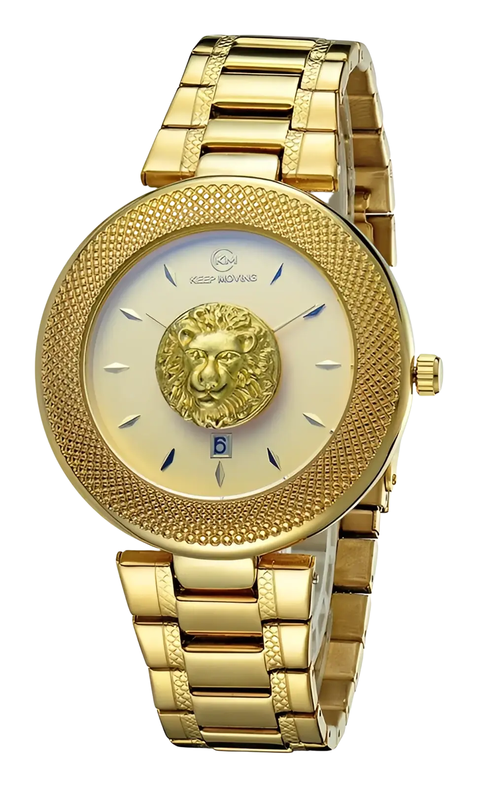 Men’s gold-tone lion dial quartz stainless steel watch with textured bezel and matching bracelet