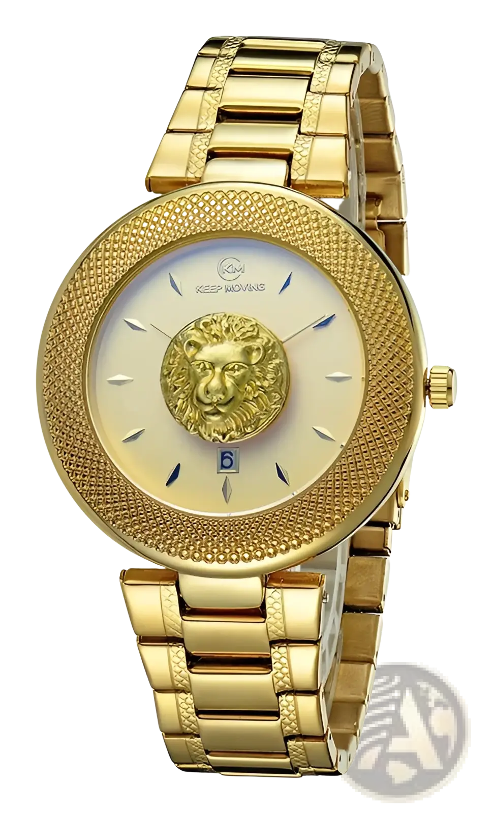 Men’s gold-tone lion dial quartz stainless steel watch with textured bezel and matching bracelet
