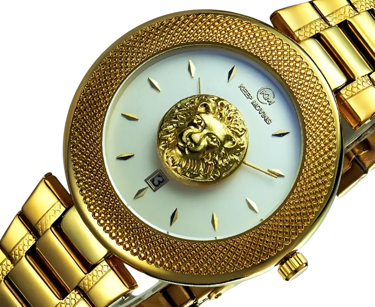 Men’s lion dial quartz stainless steel watch with gold-tone textured bezel white dial and central lion head emblem