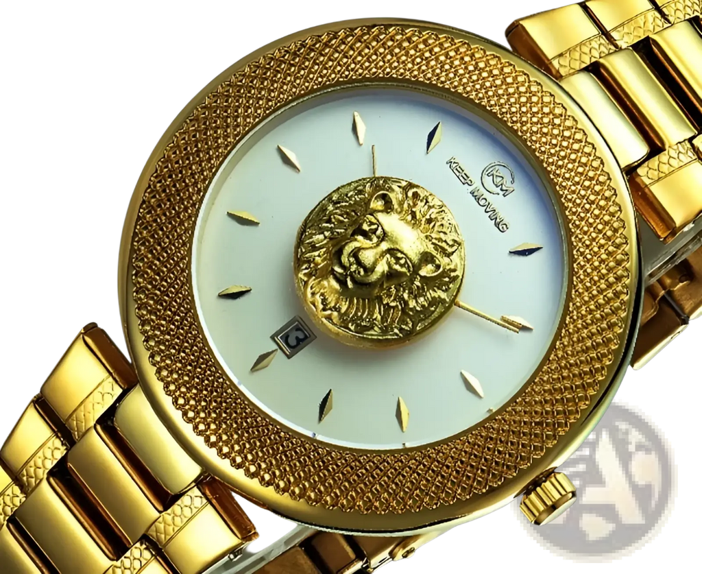 Men’s lion dial quartz stainless steel watch with gold-tone textured bezel white dial and central lion head emblem